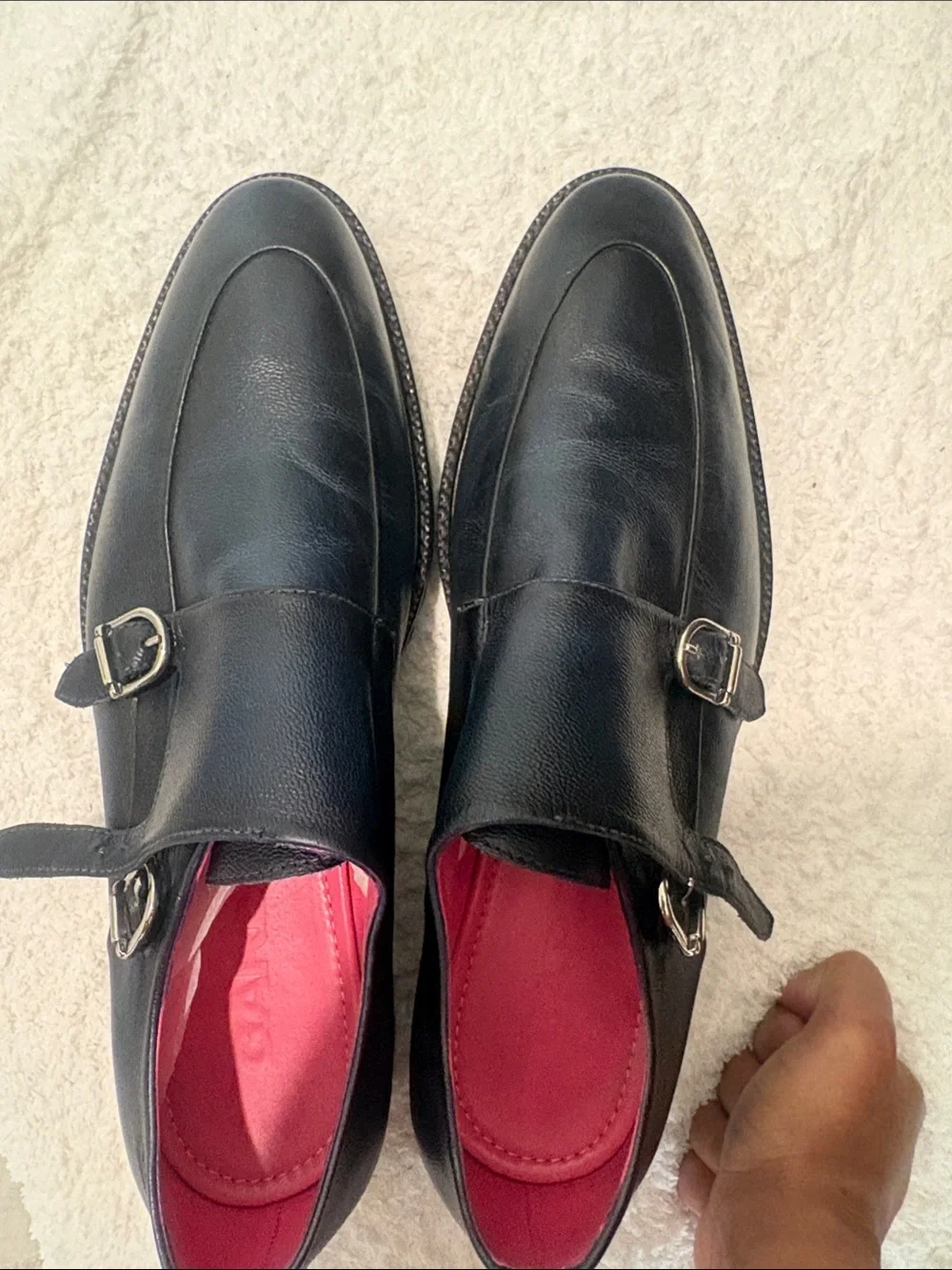 Black Double Monk Strap Leather Shoes with Pink Insole